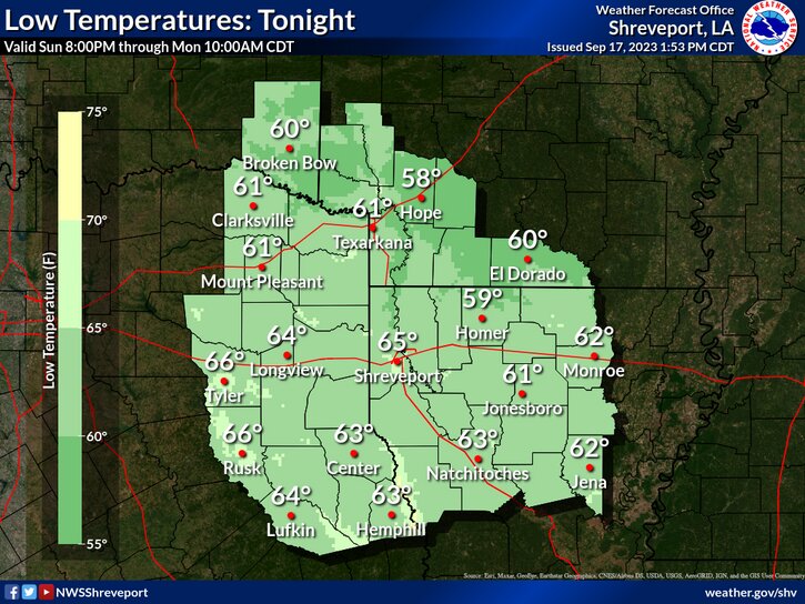 A recent weather map from NWS Shreveport.
